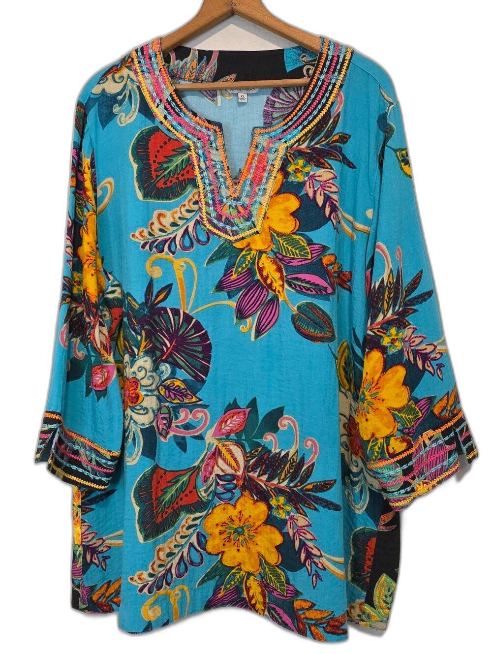 John Mark Teal Embroidered Floral Tunic Top Tropical Coastal Resortwear Size XL